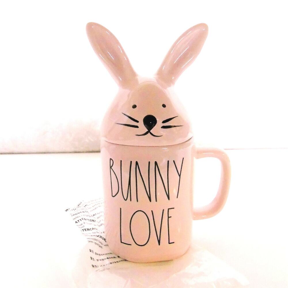 Rae Dunn Easter Bunny Love Mug & Topper Pink Cup Long Rabbit Ears Lid New